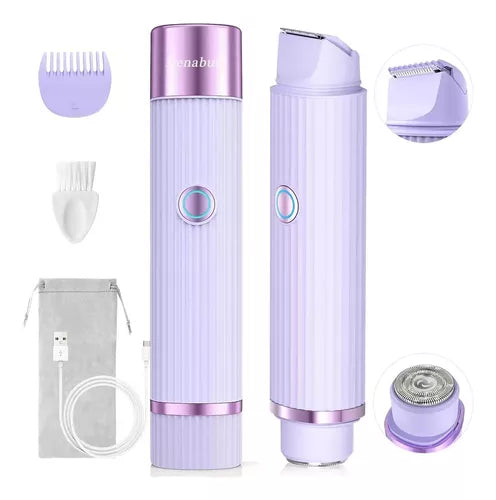 Rasuradora eléctrica femenina IPX7 con doble cabezal, carga tipo C y hasta 90 minutos de uso. Ideal para rostro, piernas, axilas y zona bikini.