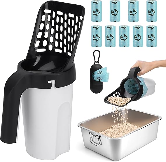 Recogedor de heces para gato con bolsas desechables. Práctico para limpiar el arenero de forma rápida, cómoda e higiénica.
