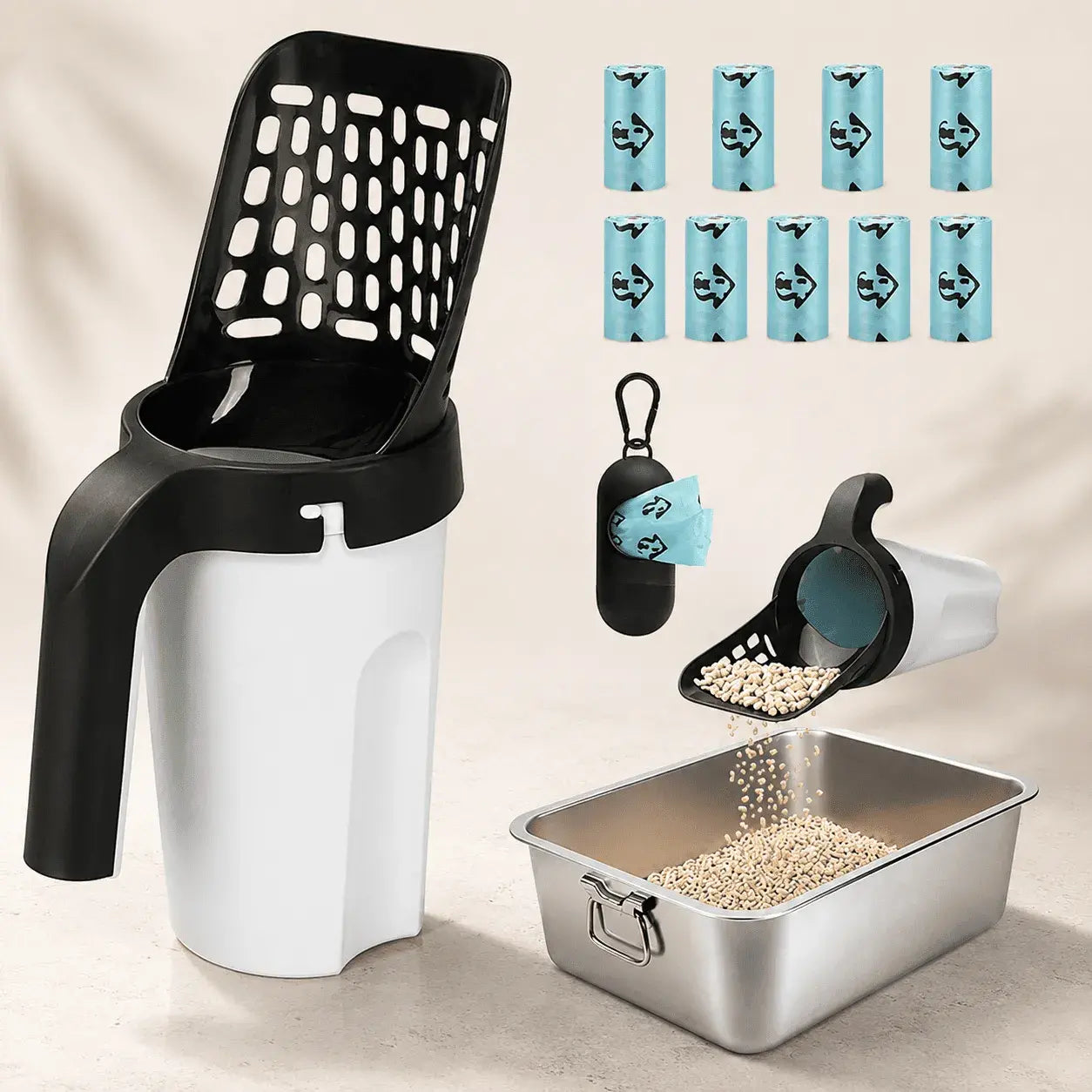 Recogedor de heces para gato con bolsas desechables. Práctico para limpiar el arenero de forma rápida, cómoda e higiénica.