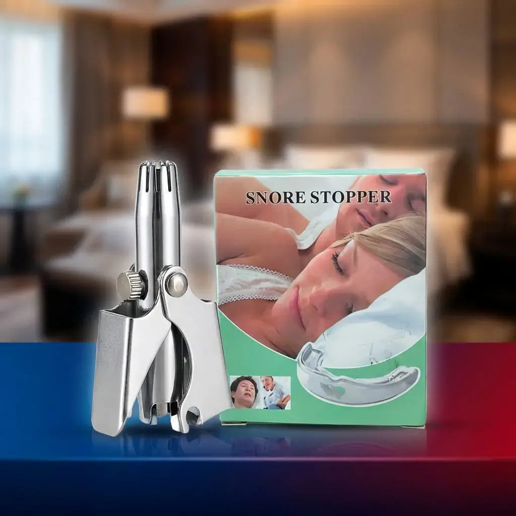 Combo recortador manual de vello nasal en acero inoxidable y dispositivo bucal antirronquidos ajustable. Cuidado personal y descanso en un solo paquete.