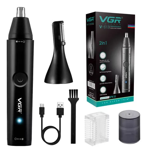 Recortadora VGR V-613 2 en 1 para vello de nariz y orejas, con carga USB, cuchillas en acero inoxidable, batería de 500 mAh, hasta 150 minutos de uso y diseño portátil.
