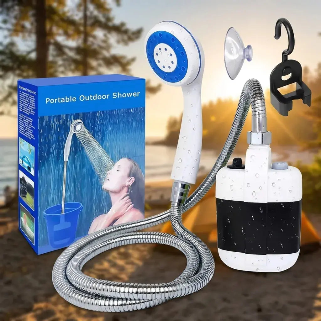 Regadera portátil recargable para camping, playa, viajes y exteriores. Incluye bomba eléctrica, ducha tipo lluvia, manguera plástica y accesorios.