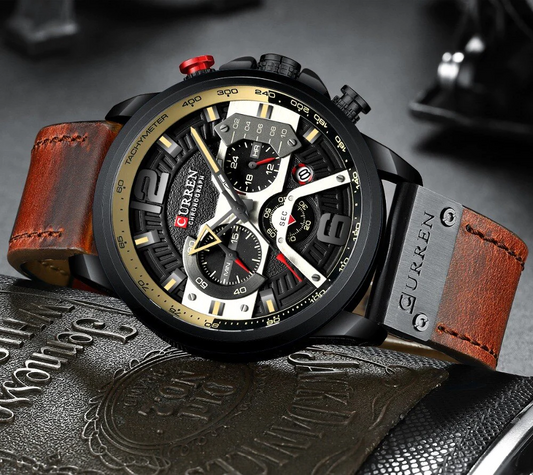 Reloj Curren 8329 para hombre con correa en cuero, cronógrafo y estilo casual resistente a salpicaduras.