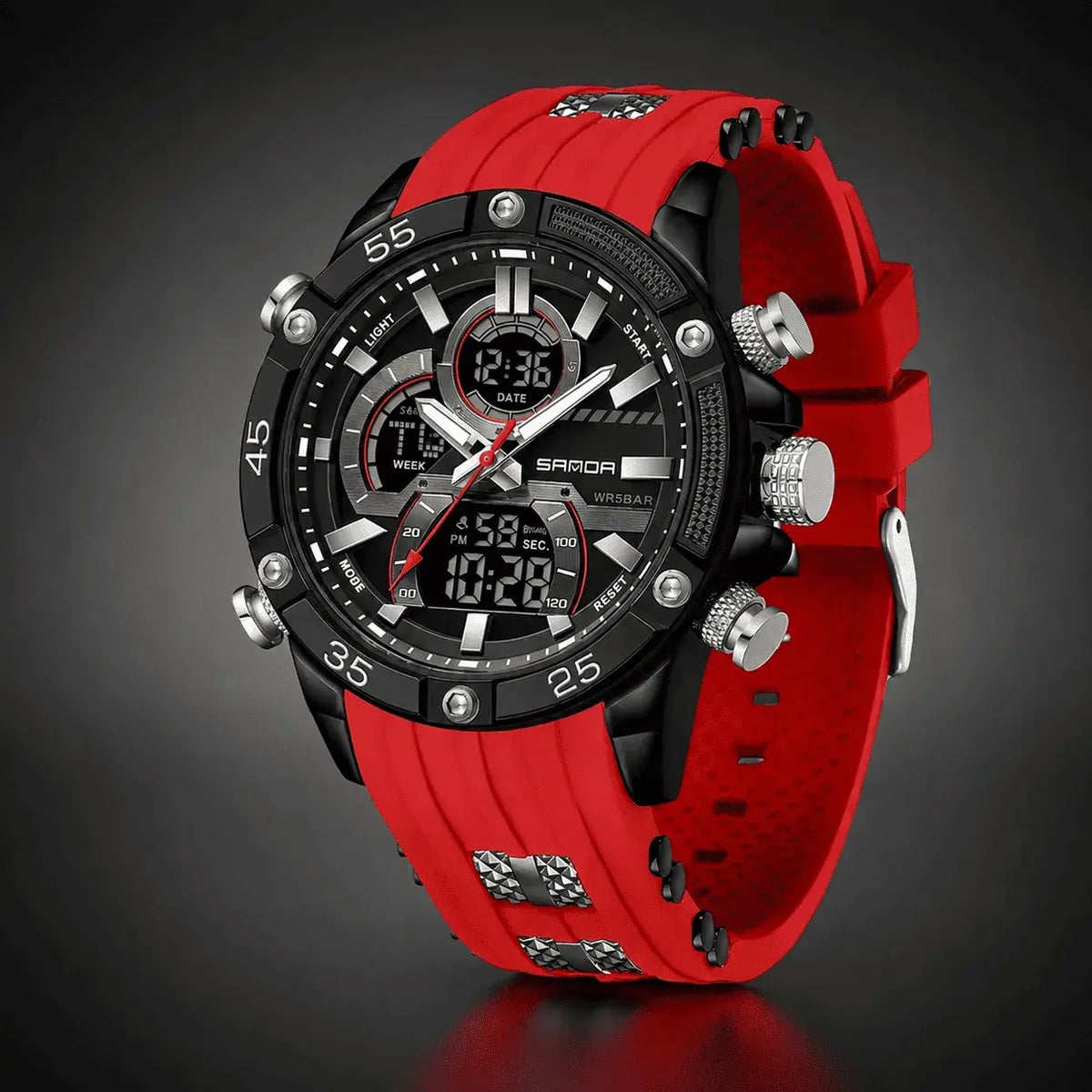 Reloj deportivo Sanda 6162 Dual Time con hora análoga y digital, alarma, cronómetro, luz, calendario y pulso resistente de silicona.