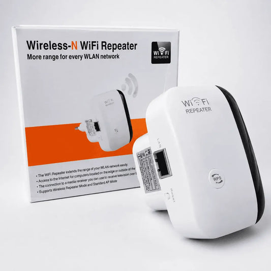 Repetidor y Extensor WiFi 300 Mbps para redes 2.4 GHz con modo extensor, punto de acceso, botón WPS, puerto Ethernet RJ45 y compatibilidad 802.11n.