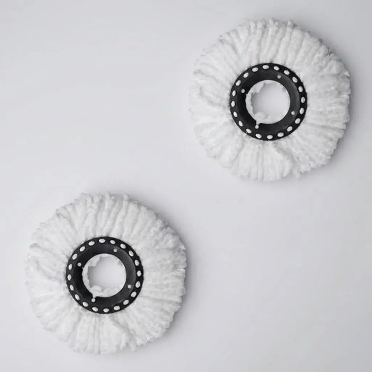 Set de 2 repuestos de mopa en microfibra para trapero giratorio 360°. Lavables, reutilizables y compatibles con sistemas de limpieza giratorios.