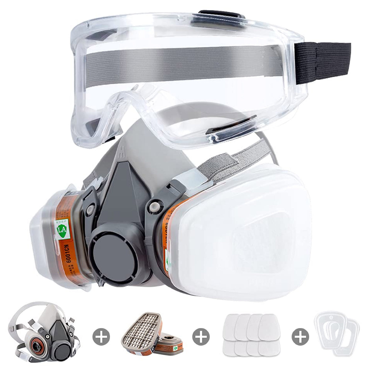 Kit respirador media cara reutilizable con doble filtro para vapores orgánicos y polvo, gafas de seguridad, 2 cartuchos y 8 filtros de algodón. Para pintar, lacar, lijar y fumigar.