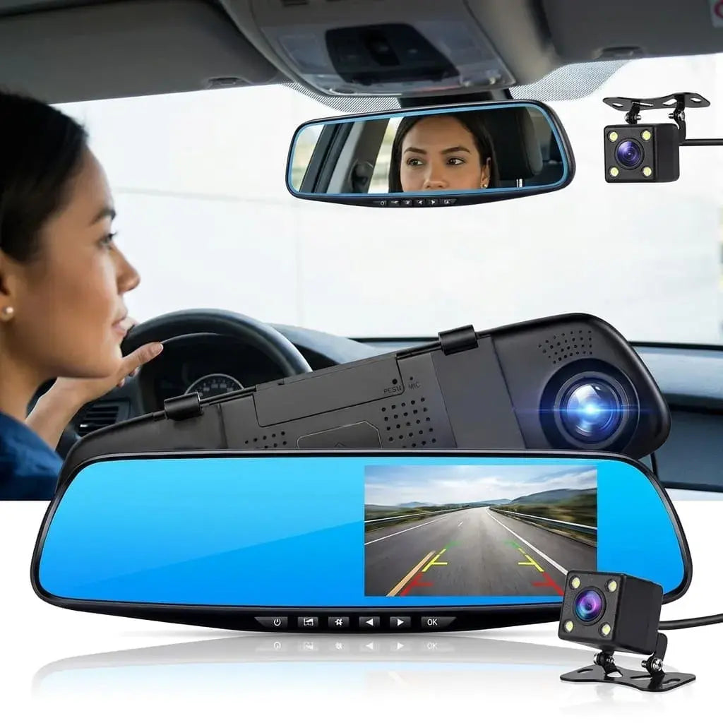 Retrovisor inteligente A114 con pantalla táctil y cámara dual delantera y trasera. Ideal para grabación de recorridos, conducción y apoyo al estacionar.