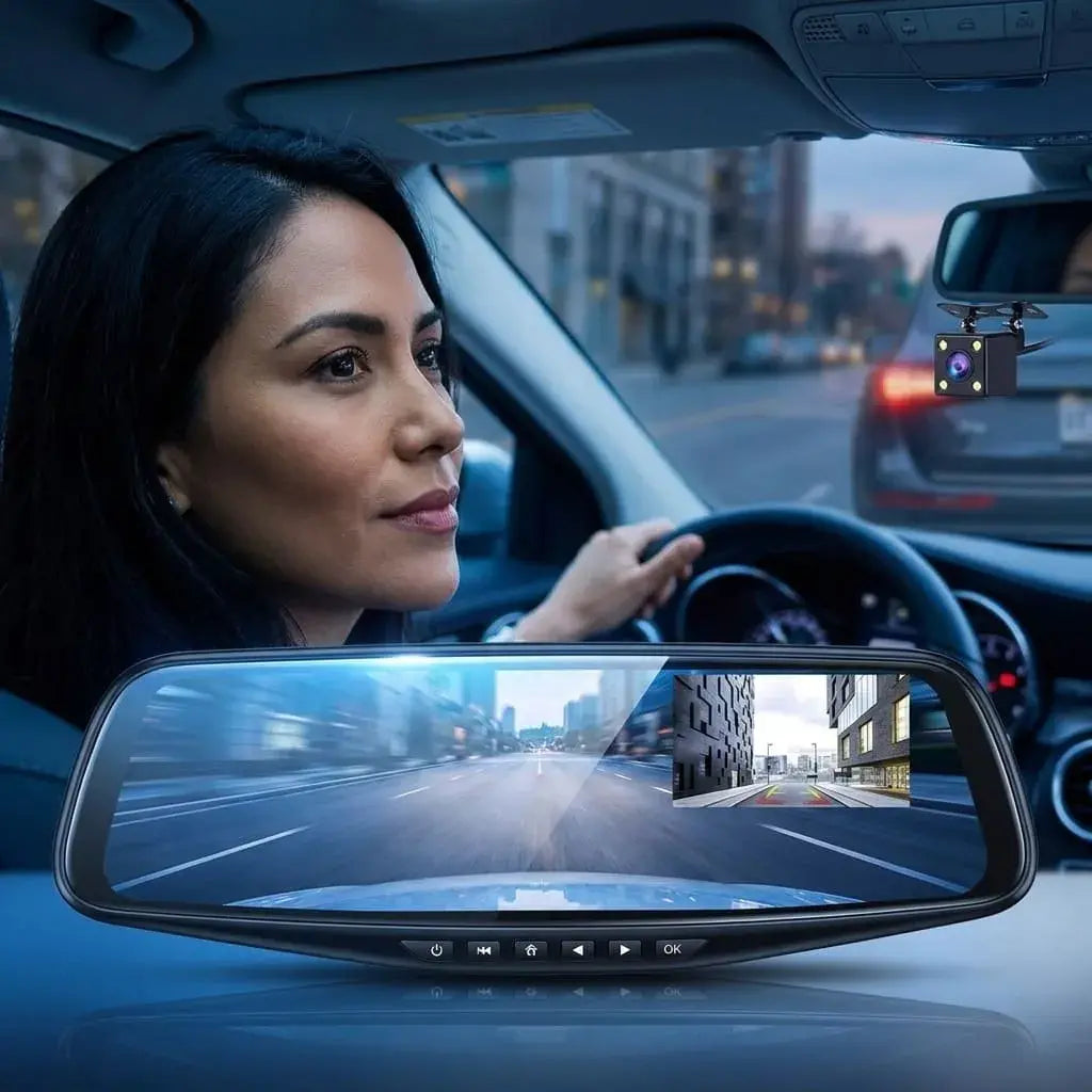 Retrovisor inteligente A114 con pantalla táctil y cámara dual delantera y trasera. Ideal para grabación de recorridos, conducción y apoyo al estacionar.