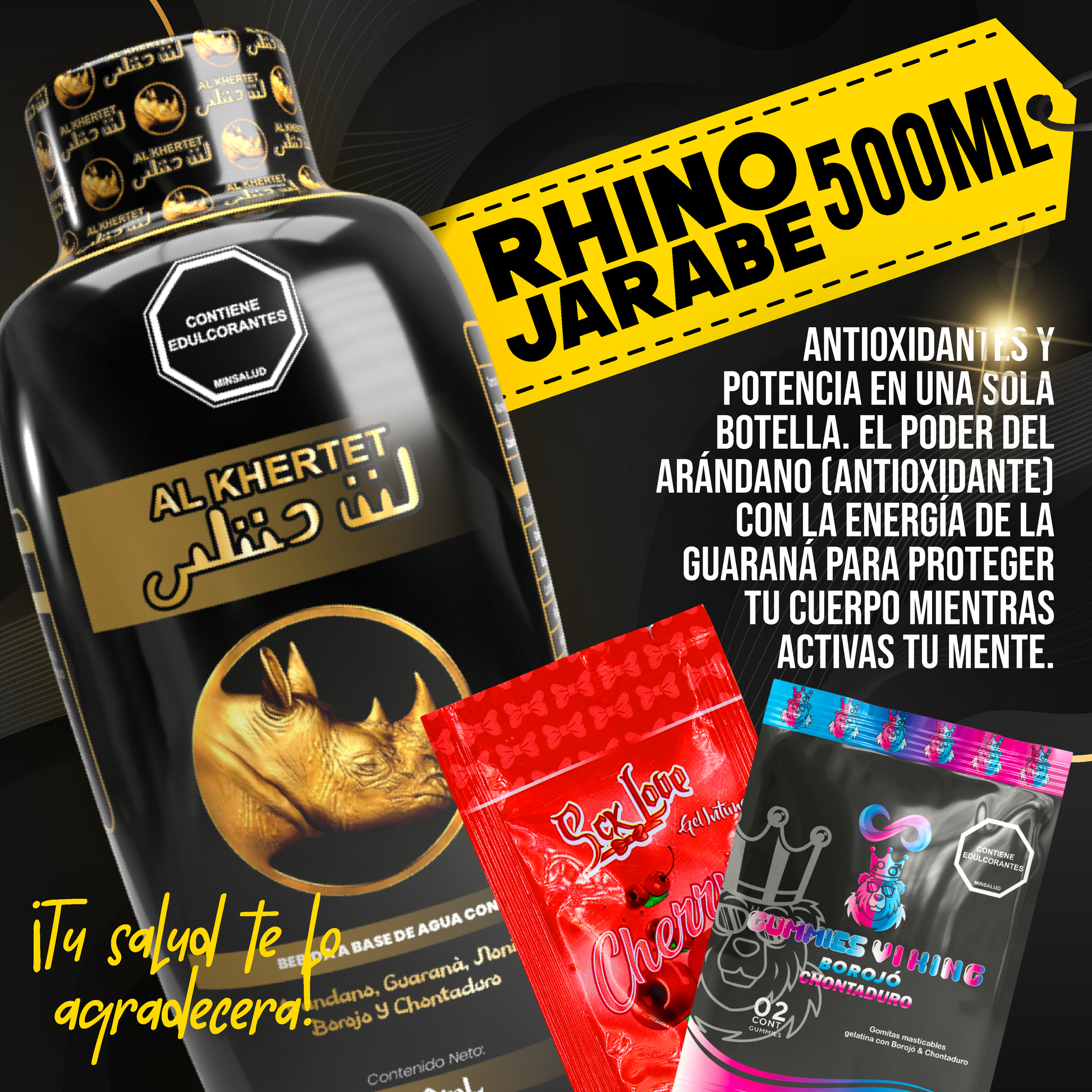 Rhino Jarabe Líquido Funcional con guaraná, noni, arándano, borojó y chontaduro. Complemento líquido para adultos enfocado en energía, vitalidad y bienestar diario.