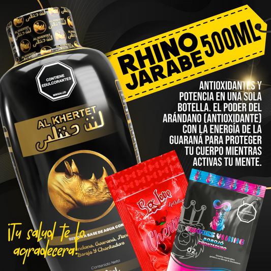 Rhino Jarabe Líquido Funcional con guaraná, noni, arándano, borojó y chontaduro. Complemento líquido para adultos enfocado en energía, vitalidad y bienestar diario.