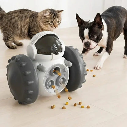 Robot Interactivo de Comida™ con dispensador de premios, ideal para estimular la actividad física y mental de perros y gatos de forma divertida.