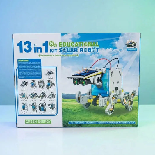 Kit robot solar educativo 13 en 1 para armar diferentes modelos y aprender sobre robótica, construcción y energía solar de forma práctica y divertida.