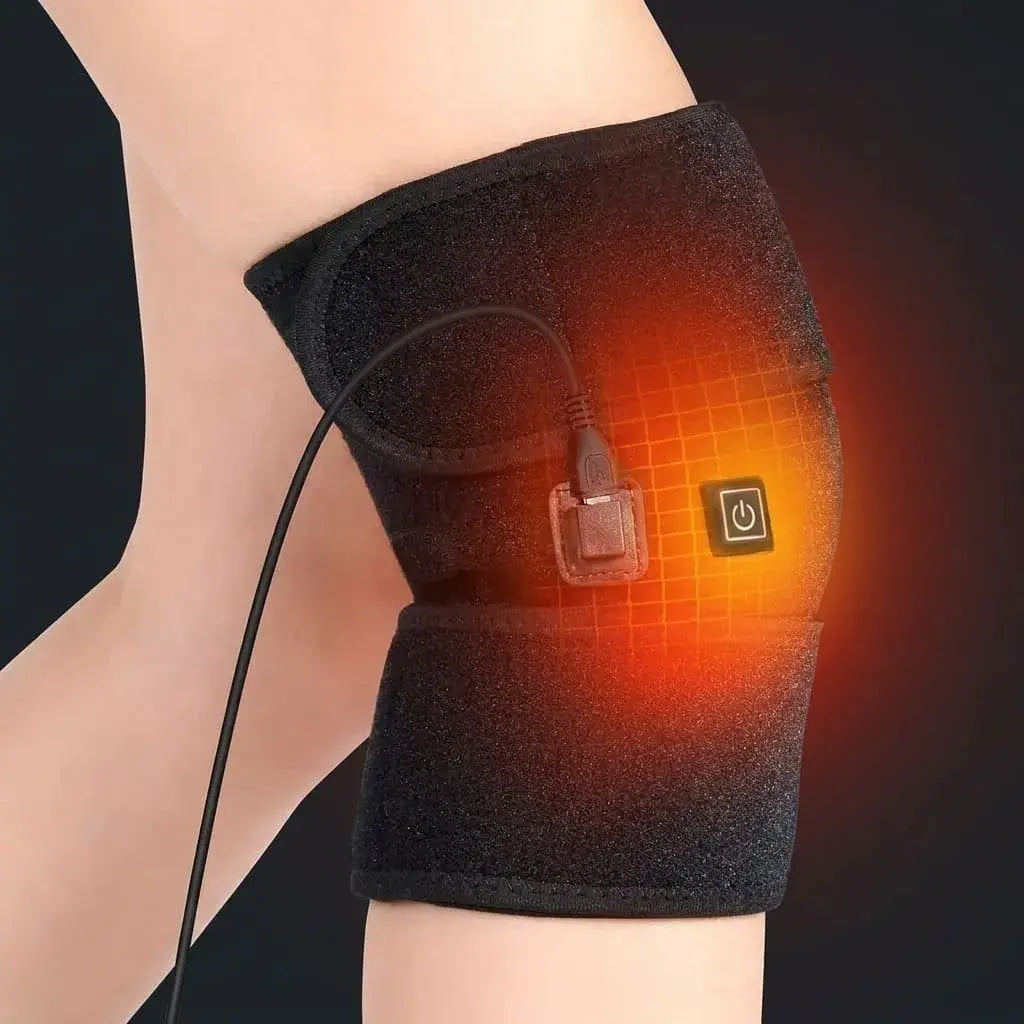 Rodillera térmica eléctrica ajustable con 3 niveles de calor, compresión elástica, carga USB y bolsillo para gel frío. Ideal para deporte y cuidado diario.