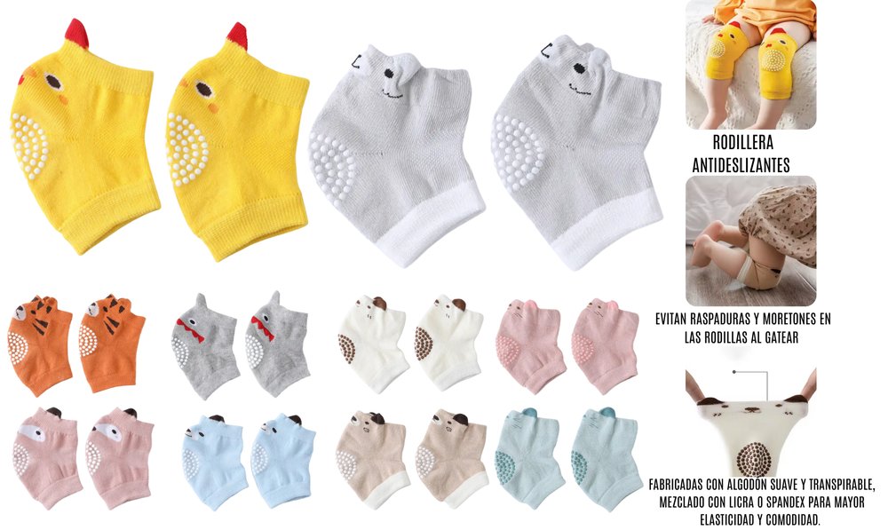 Rodilleras para bebé en algodón suave con diseño de animales y base antideslizante. Protegen las rodillas durante el gateo con comodidad, seguridad y ajuste elástico.