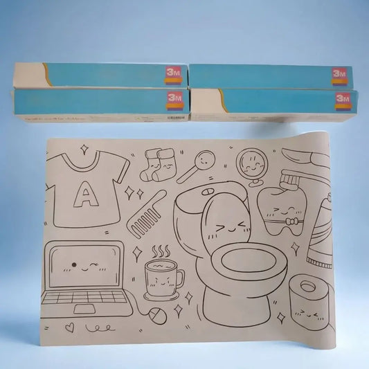 Rollo de papel adhesivo infantil para colorear de 3 metros, ideal para dibujos, manualidades, arte, juegos educativos y actividades creativas en casa.