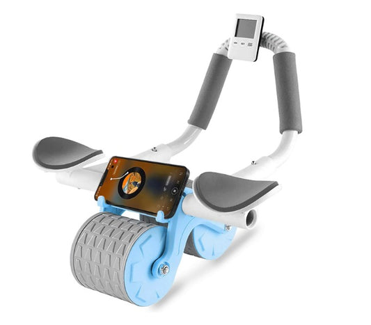 Rueda abdominal doble con rebote automático y agarre antideslizante, ideal para entrenar core en casa.