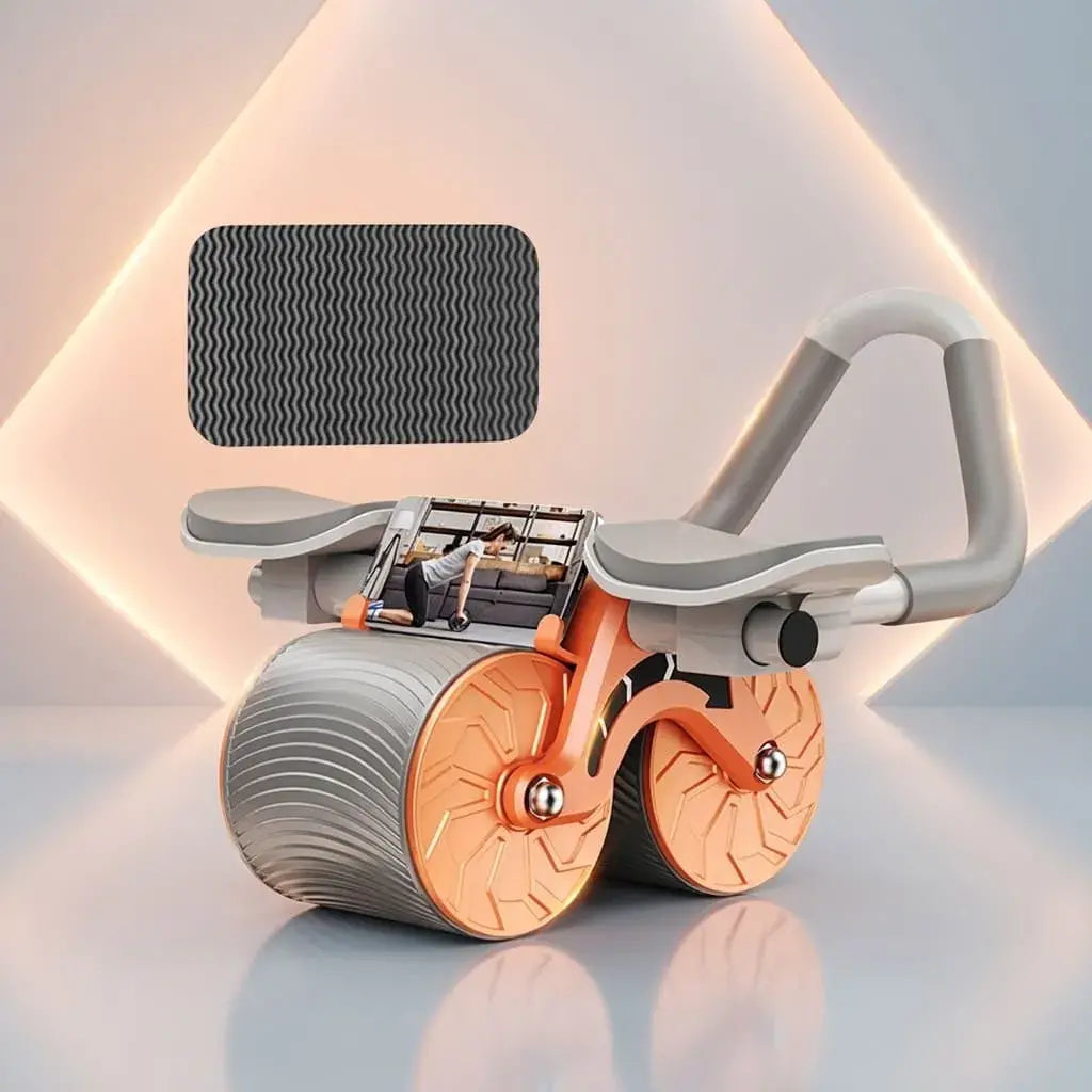 Rueda Abdominal doble con rebote automático, temporizador, freno de seguridad, agarres acolchados y estructura estable para entrenar abdomen y core en casa.