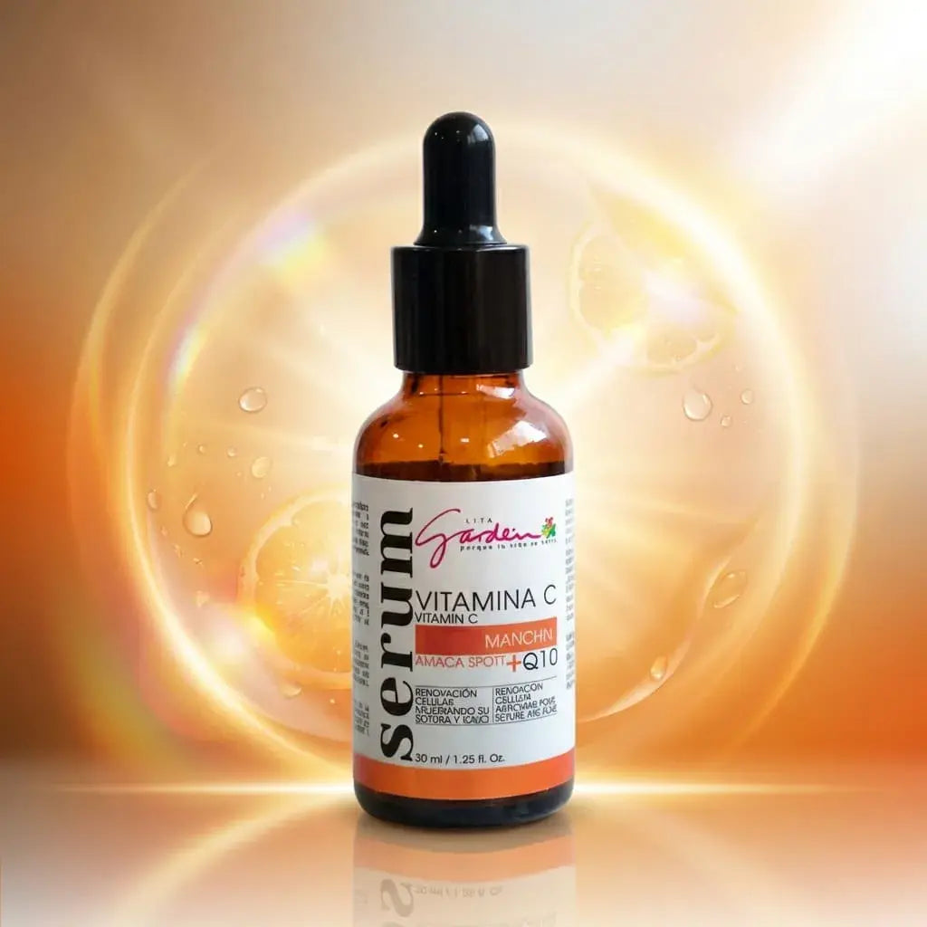 Sérum facial con Vitamina C y Q10 de 30 ml. Fórmula antioxidante que ayuda a iluminar, unificar el tono y mejorar la apariencia de la piel.