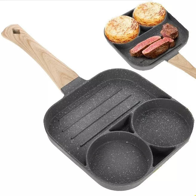 Sartén antiadherente de 3 puestos en aleación de aluminio, ideal para huevos, pancakes y desayunos, con sensor visual de temperatura, mango ergonómico y compatibilidad con gas e inducción.