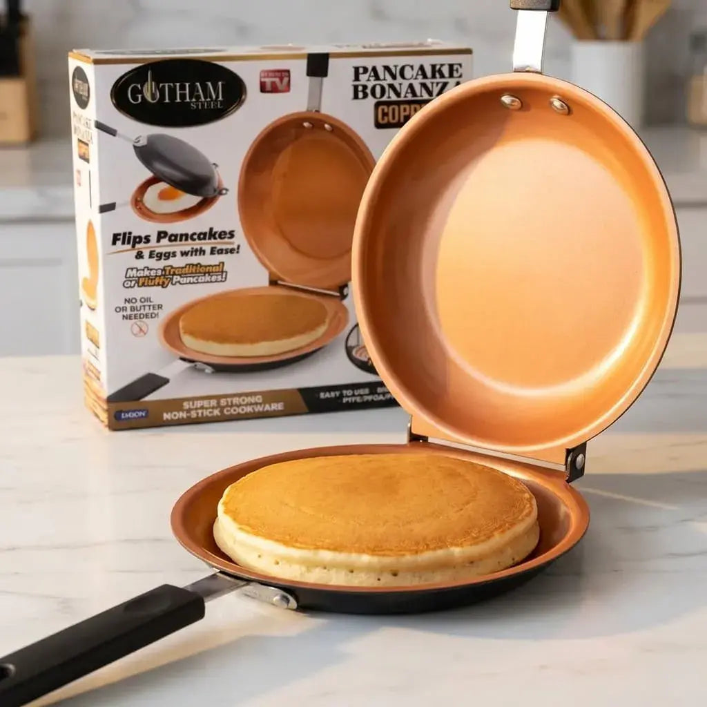 Sartén doble Pancake Bonanza Copper antiadherente para pancakes, huevos y tortillas. Cocina fácil, voltea alimentos rápido y logra cocción uniforme.