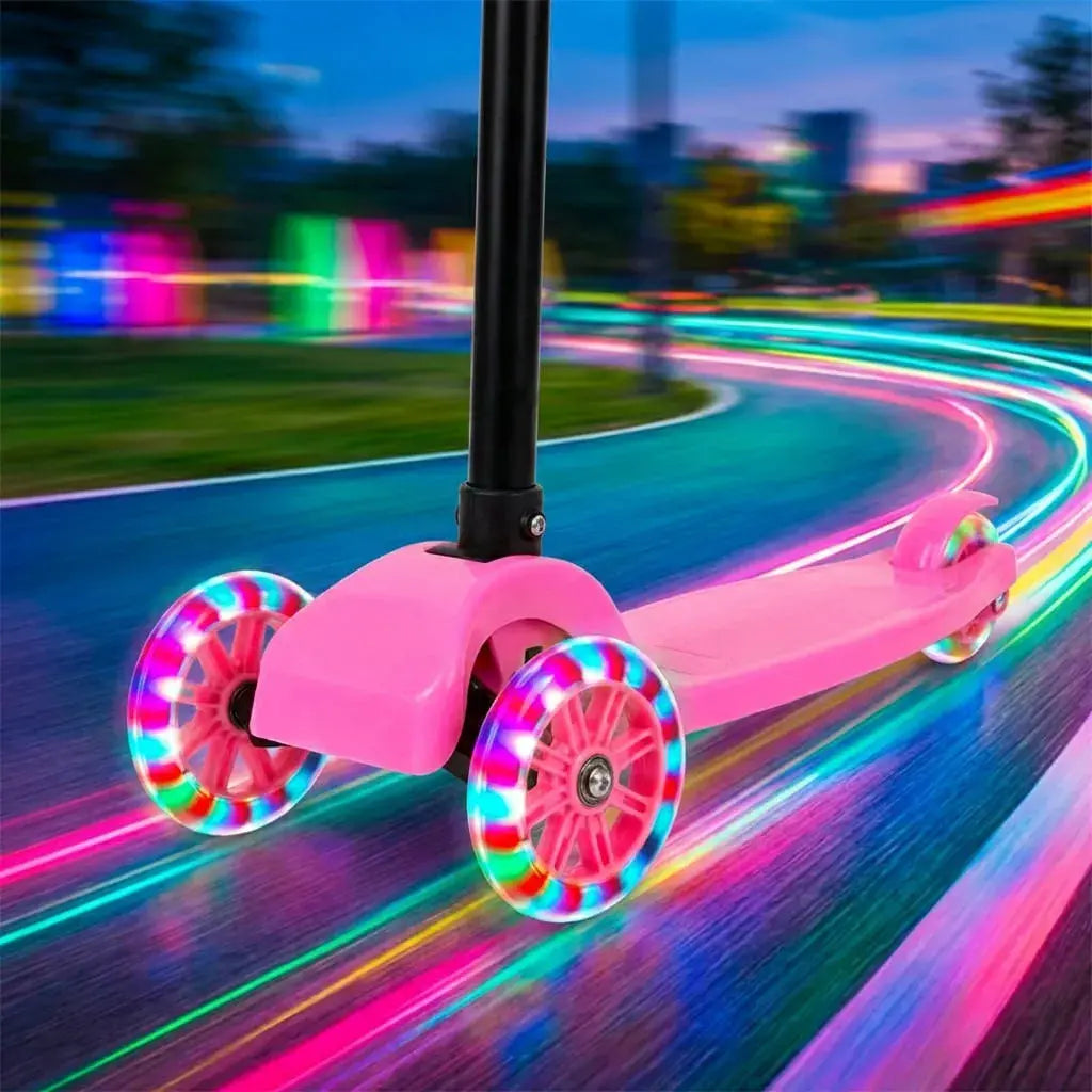 Scooter infantil plegable con ruedas LED, altura ajustable y estructura resistente, ideal para niños y niñas de 3 a 12 años para uso diario y recreativo.