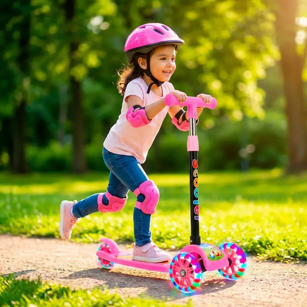 Scooter infantil plegable con ruedas LED, altura ajustable y estructura resistente, ideal para niños y niñas de 3 a 12 años para uso diario y recreativo.