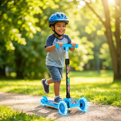 Scooter infantil plegable con ruedas LED, altura ajustable y estructura resistente, ideal para niños y niñas de 3 a 12 años para uso diario y recreativo.