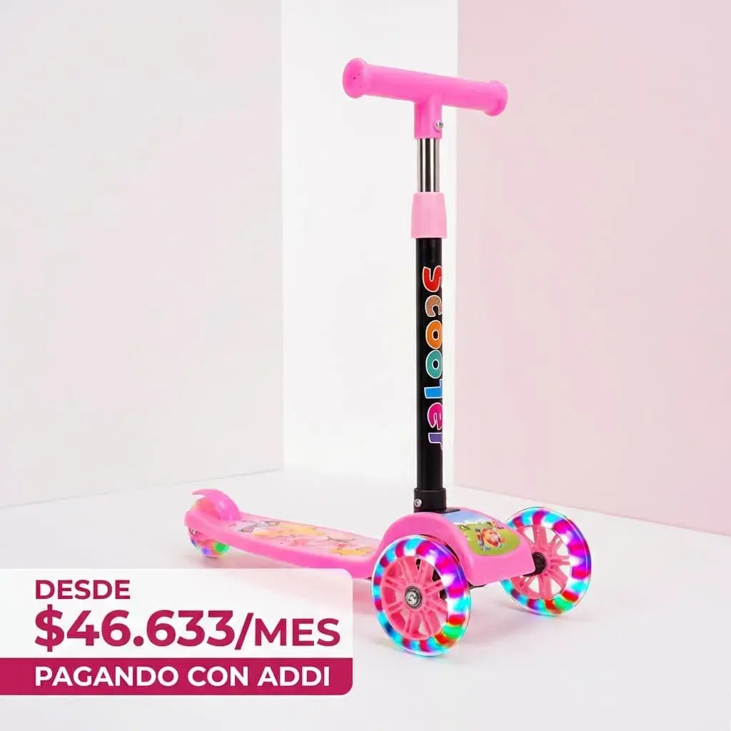 Scooter infantil plegable con ruedas LED, altura ajustable y estructura resistente, ideal para niños y niñas de 3 a 12 años para uso diario y recreativo.