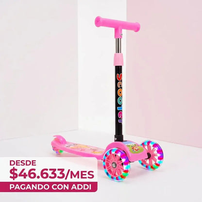 Scooter infantil plegable con ruedas LED, altura ajustable y estructura resistente, ideal para niños y niñas de 3 a 12 años para uso diario y recreativo.