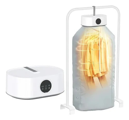 Secador de ropa portátil eléctrico plegable de 600 W con aire caliente regulable, temporizador LED, luz UV, diseño compacto y uso práctico para hogar, viajes y espacios pequeños.