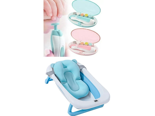 Set Bañera Plegable para Bebé con termómetro digital, cojín soporte y Lima Eléctrica de Uñas. Ideal para baño, higiene y cuidado infantil en casa o viajes.