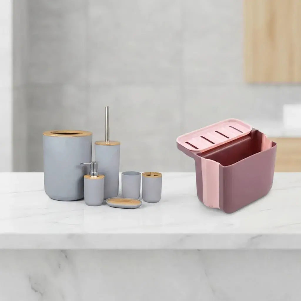 Combo de accesorios de baño 6 piezas con acabado bambú y caneca plegable escurridor para cocina. Organización práctica y diseño moderno para el hogar.