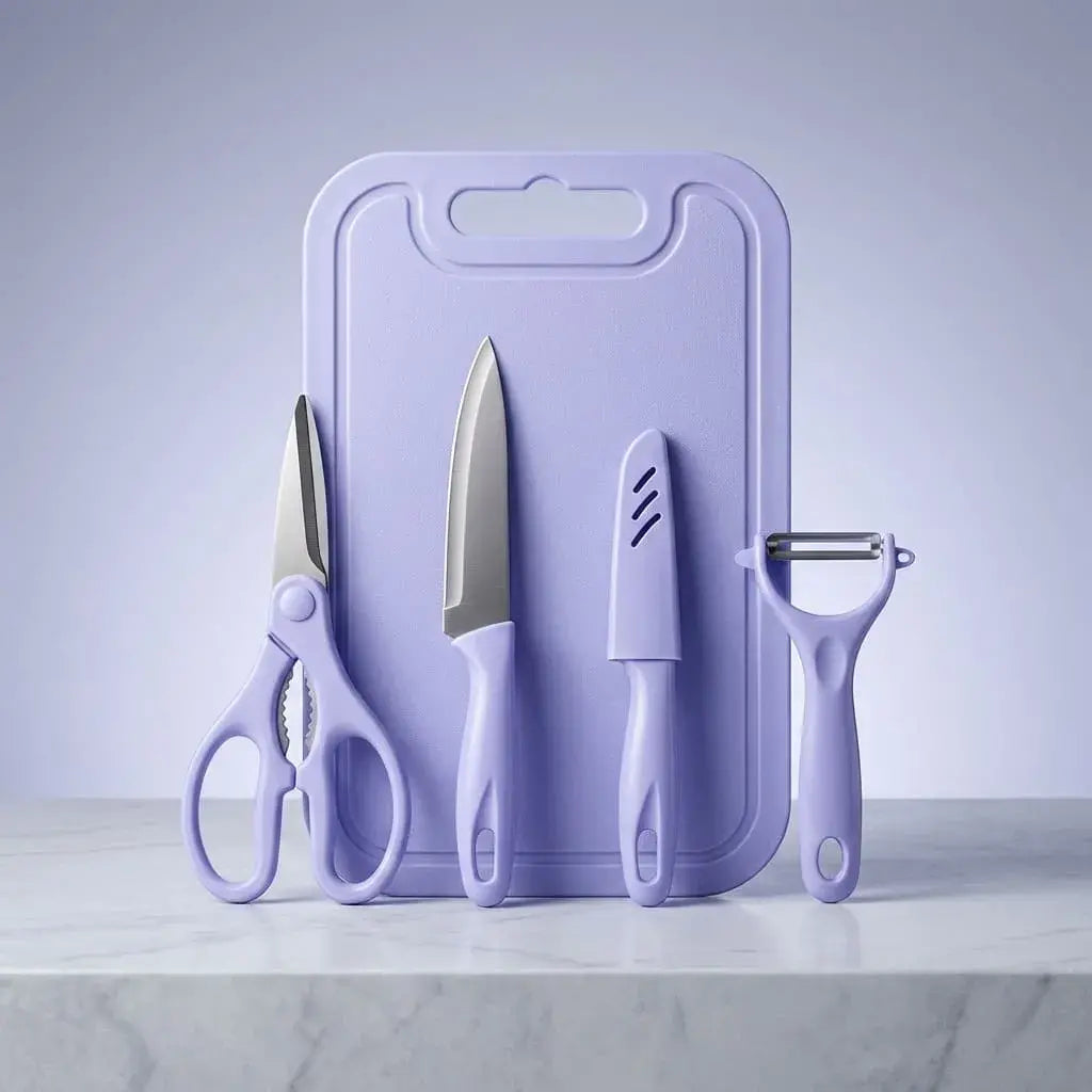 Set de utensilios de cocina 4 piezas con cuchillo, pelador, tijeras y tabla de corte. Práctico, liviano y funcional para uso diario.