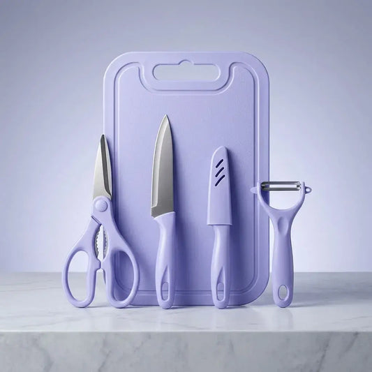 Set de utensilios de cocina 4 piezas con cuchillo, pelador, tijeras y tabla de corte. Práctico, liviano y funcional para uso diario.