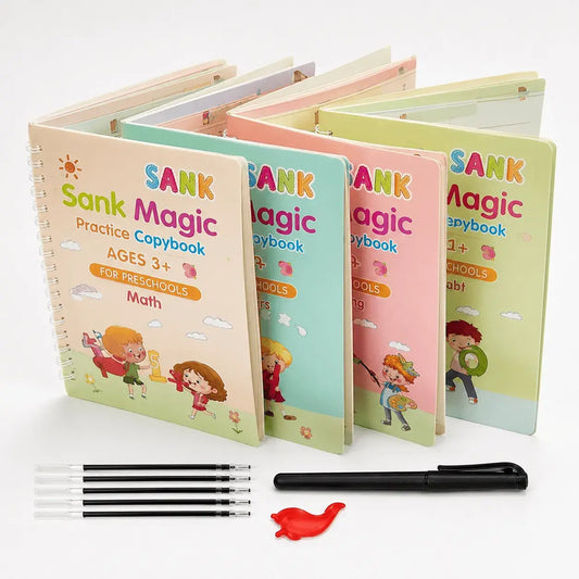 Set de libros de caligrafía mágica reutilizable x4 para niños con números, matemáticas, dibujo y alfabeto. Incluye bolígrafo, soporte y repuestos para práctica educativa.