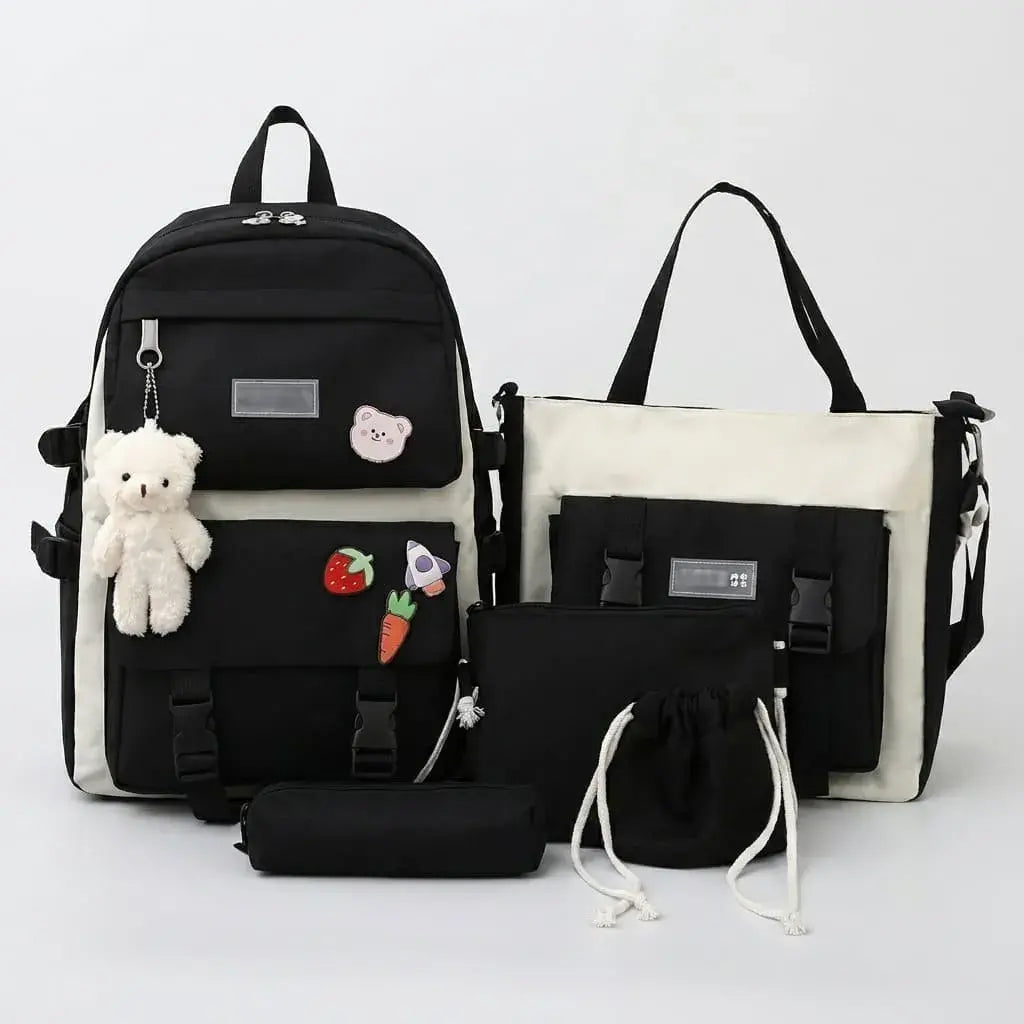 Set mochila escolar 5 en 1 de lona con gran capacidad, bolso, cartuchera, bolsa de hombro y accesorios decorativos. Ideal para colegio, universidad y viajes.
