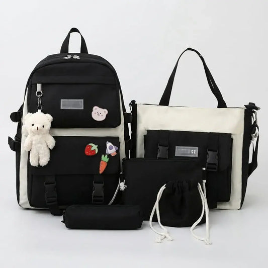 Set mochila escolar 5 en 1 de lona con gran capacidad, bolso, cartuchera, bolsa de hombro y accesorios decorativos. Ideal para colegio, universidad y viajes.