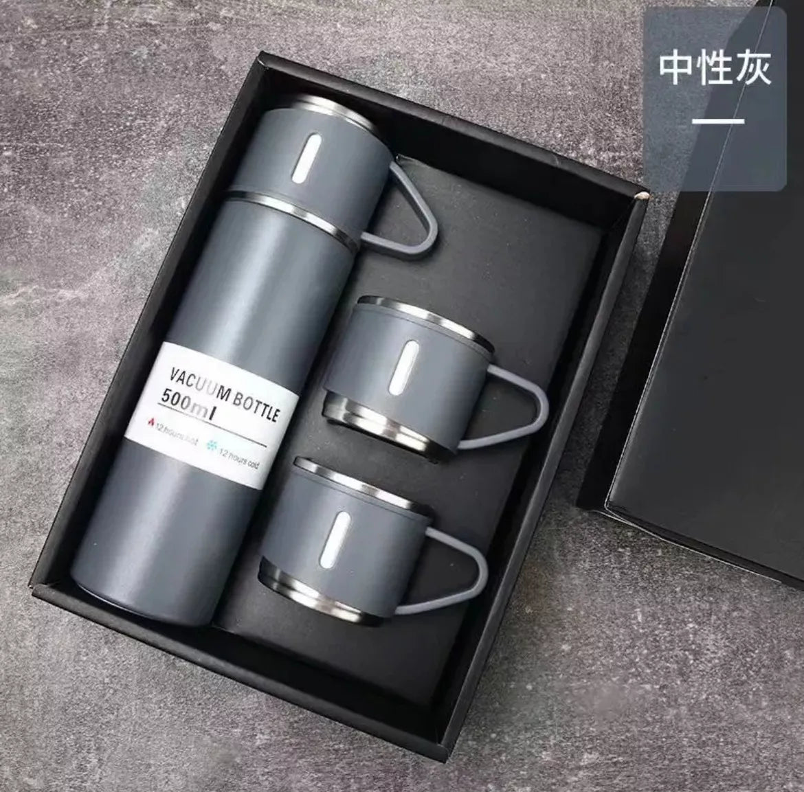 Set termo de acero inoxidable de 500 mL con 3 tazas, conserva bebidas frías o calientes hasta por 8 horas. Ideal para hogar, oficina, viajes, paseos o regalo.