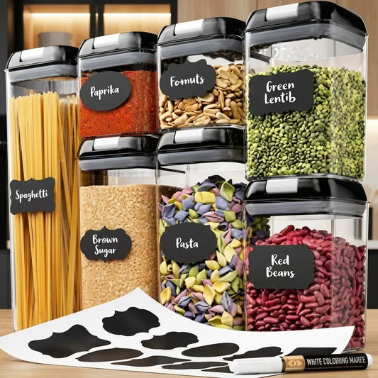 Set de siete recipientes herméticos apilables y libres de BPA para organizar cereales, arroz, pasta, café, snacks y alimentos secos.