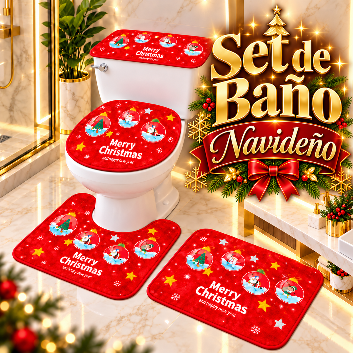Set de baño navideño de 4 piezas: tapete para piso, protector de tapa y funda de tanque para inodoro. Diseños de Papá Noel, muñecos de nieve y árboles. 6 diseños. Fácil de poner y quitar.