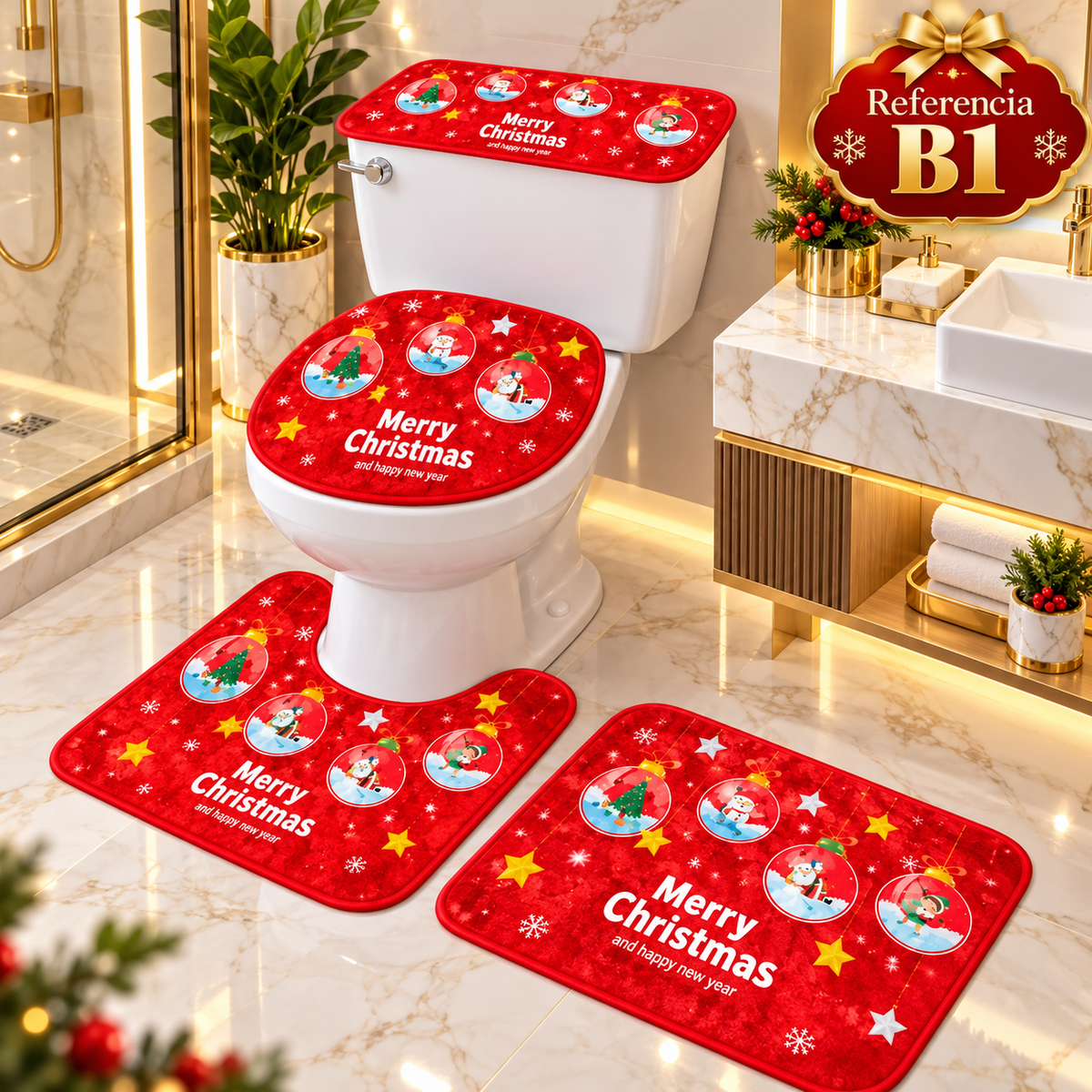 Set de baño navideño de 4 piezas: tapete para piso, protector de tapa y funda de tanque para inodoro. Diseños de Papá Noel, muñecos de nieve y árboles. 6 diseños. Fácil de poner y quitar.