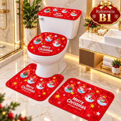 Set de baño navideño de 4 piezas: tapete para piso, protector de tapa y funda de tanque para inodoro. Diseños de Papá Noel, muñecos de nieve y árboles. 6 diseños. Fácil de poner y quitar.