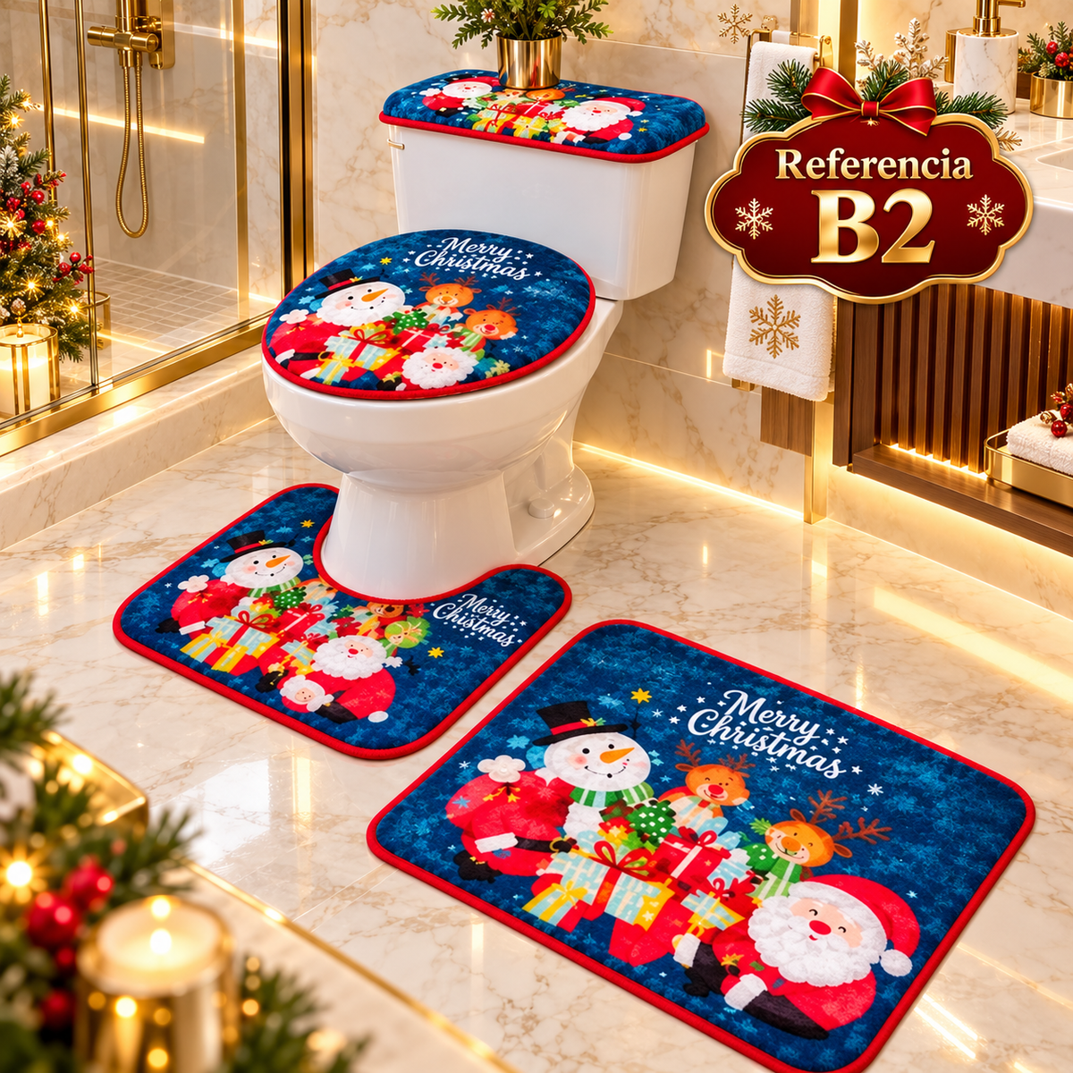 Set de baño navideño de 4 piezas: tapete para piso, protector de tapa y funda de tanque para inodoro. Diseños de Papá Noel, muñecos de nieve y árboles. 6 diseños. Fácil de poner y quitar.