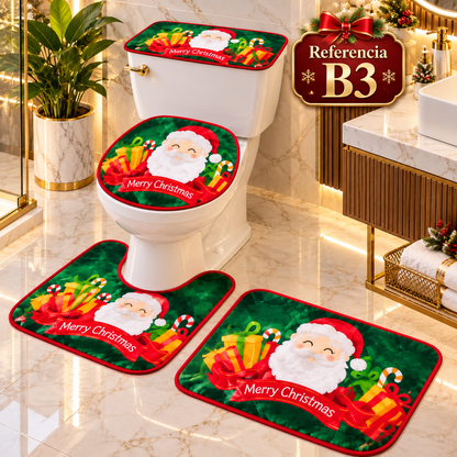 Set de baño navideño de 4 piezas: tapete para piso, protector de tapa y funda de tanque para inodoro. Diseños de Papá Noel, muñecos de nieve y árboles. 6 diseños. Fácil de poner y quitar.