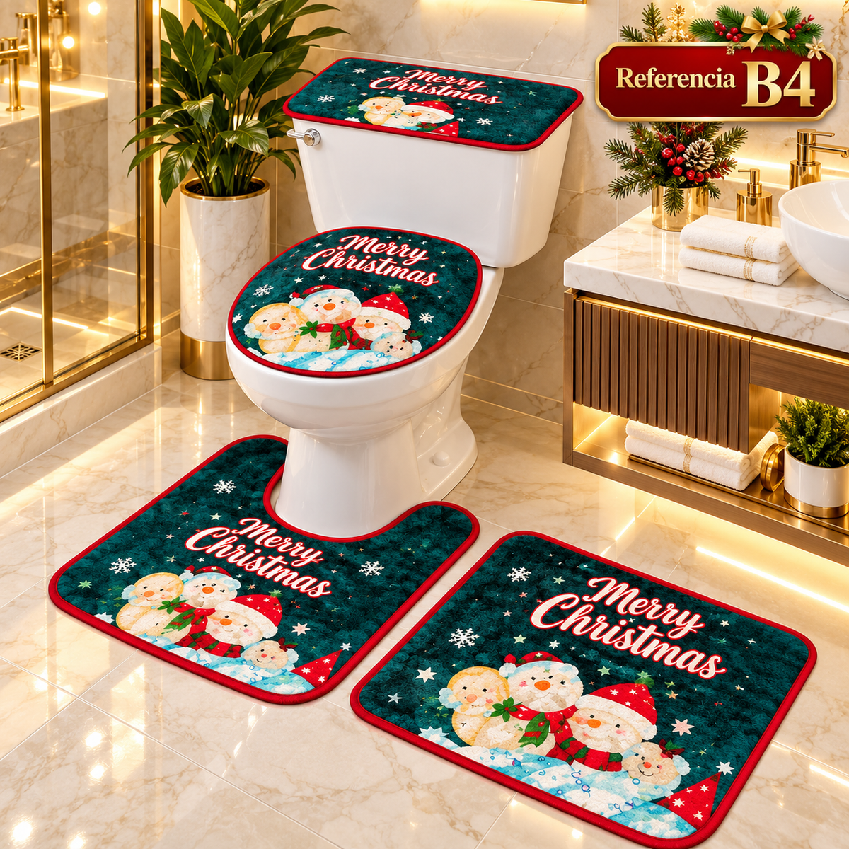 Set de baño navideño de 4 piezas: tapete para piso, protector de tapa y funda de tanque para inodoro. Diseños de Papá Noel, muñecos de nieve y árboles. 6 diseños. Fácil de poner y quitar.