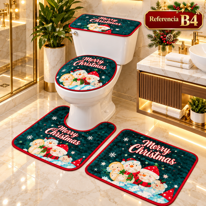Set de baño navideño de 4 piezas: tapete para piso, protector de tapa y funda de tanque para inodoro. Diseños de Papá Noel, muñecos de nieve y árboles. 6 diseños. Fácil de poner y quitar.