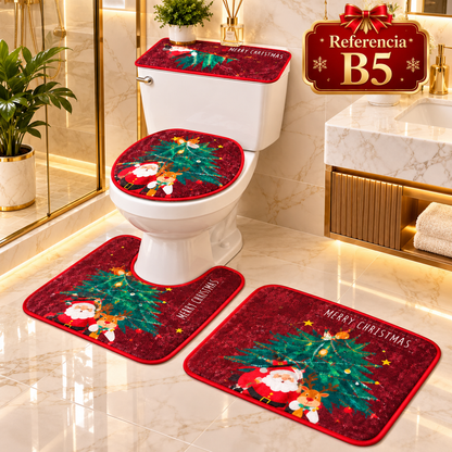 Set de baño navideño de 4 piezas: tapete para piso, protector de tapa y funda de tanque para inodoro. Diseños de Papá Noel, muñecos de nieve y árboles. 6 diseños. Fácil de poner y quitar.