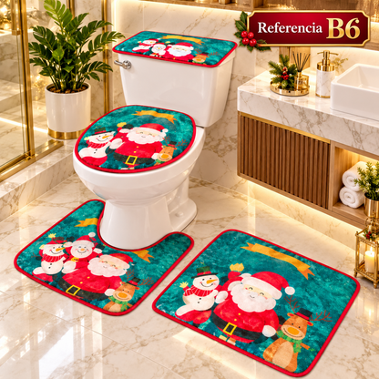 Set de baño navideño de 4 piezas: tapete para piso, protector de tapa y funda de tanque para inodoro. Diseños de Papá Noel, muñecos de nieve y árboles. 6 diseños. Fácil de poner y quitar.