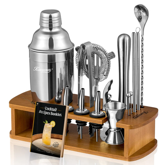 Set de coctelería en acero inoxidable con coctelera de 750 ml, soporte de bambú, colador, jigger, cuchara, pinzas, sacacorcho y accesorios para bar.